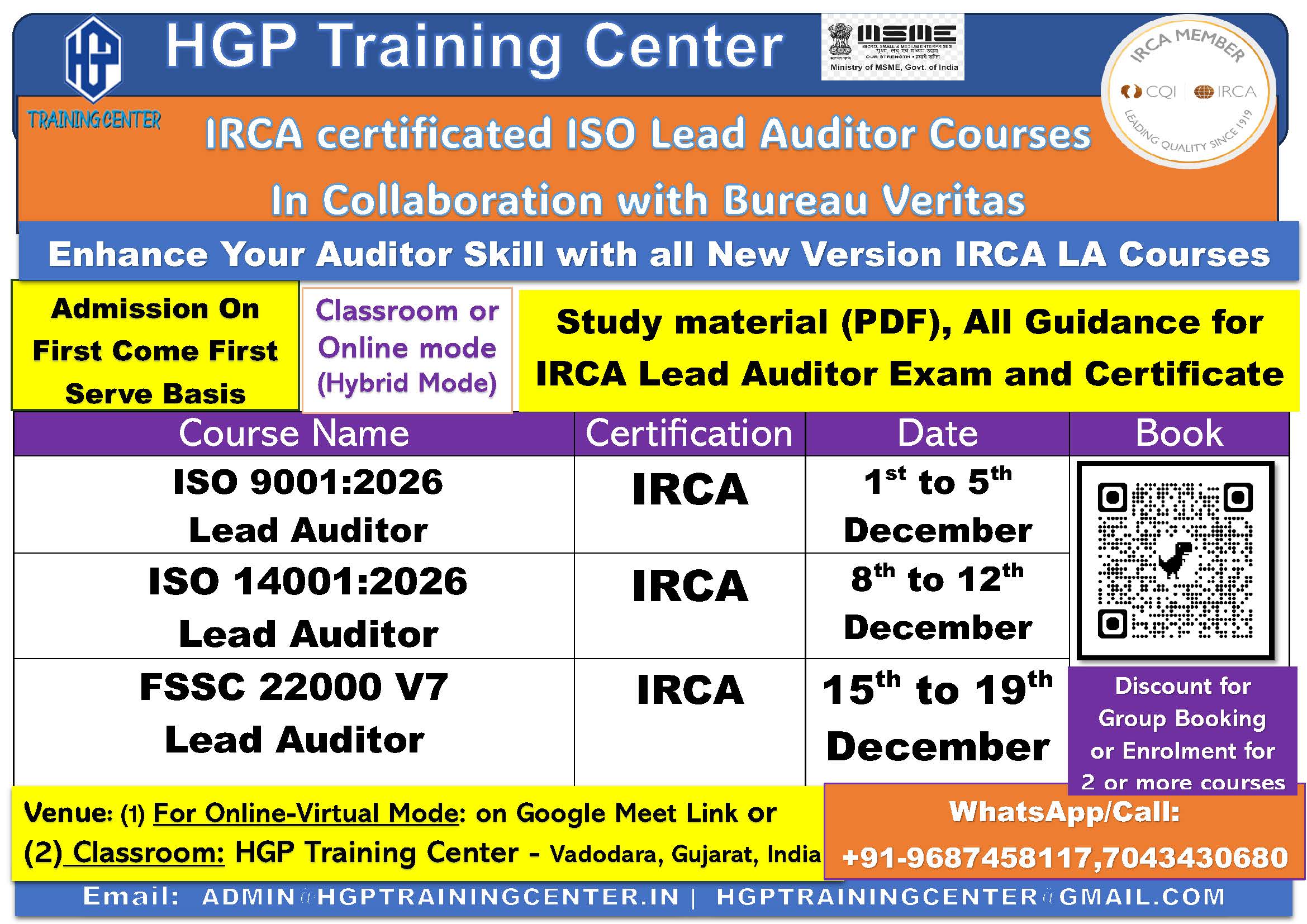 IRCA Lead Auditor Courses : ISO 9001, FSSC 22000, ISO 22000, ISO 14001, ISO 45001, ISO 50001, BRCGS …